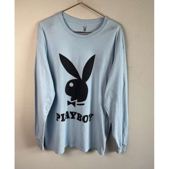 Playboy Mens Long Sleeve Shirt Crewneck Big Bunny Logo Cotton Light Blue Size L - Picture 1 of 6